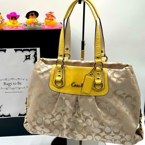 Bright and Cheery Coach Leather Tan & Yellow Strap Large Pocket Satchel